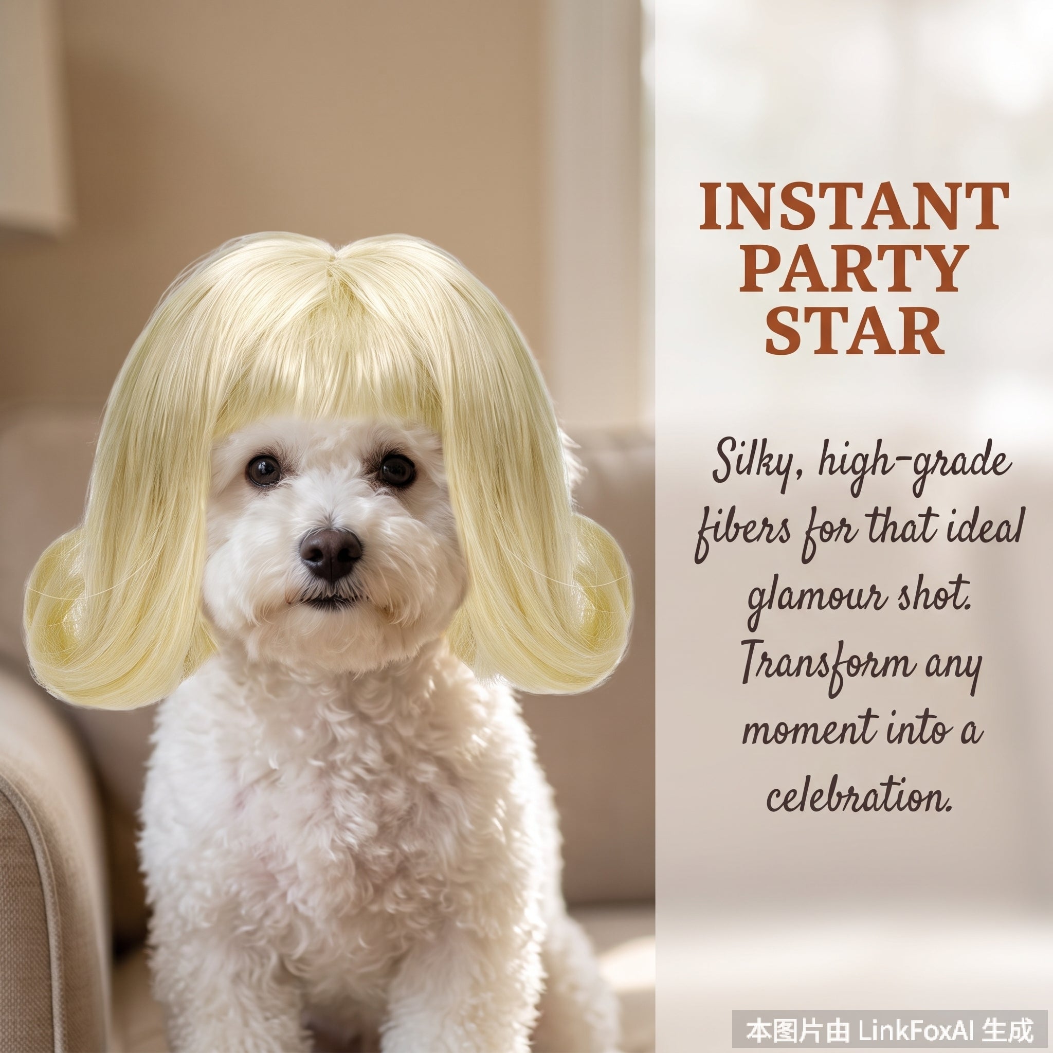 Pet Wig for Dogs & Cats – Cute Curly Bob Costume Wig | 3 Colors | Halloween Party Photo Prop