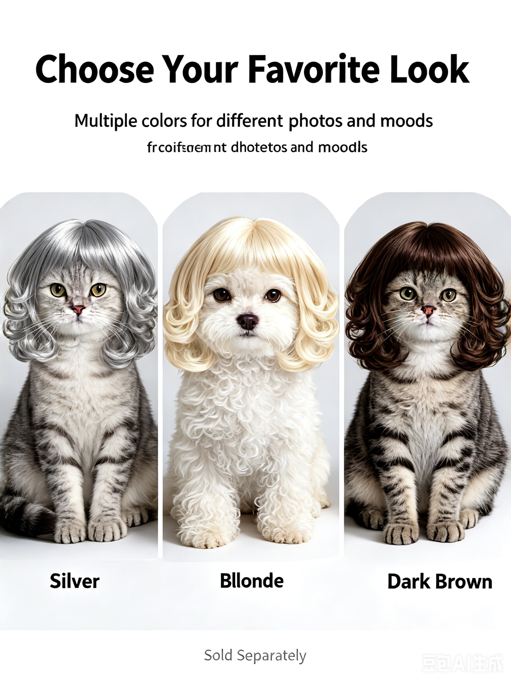 Pet Wig for Dogs & Cats – Cute Curly Bob Costume Wig | 3 Colors | Halloween Party Photo Prop
