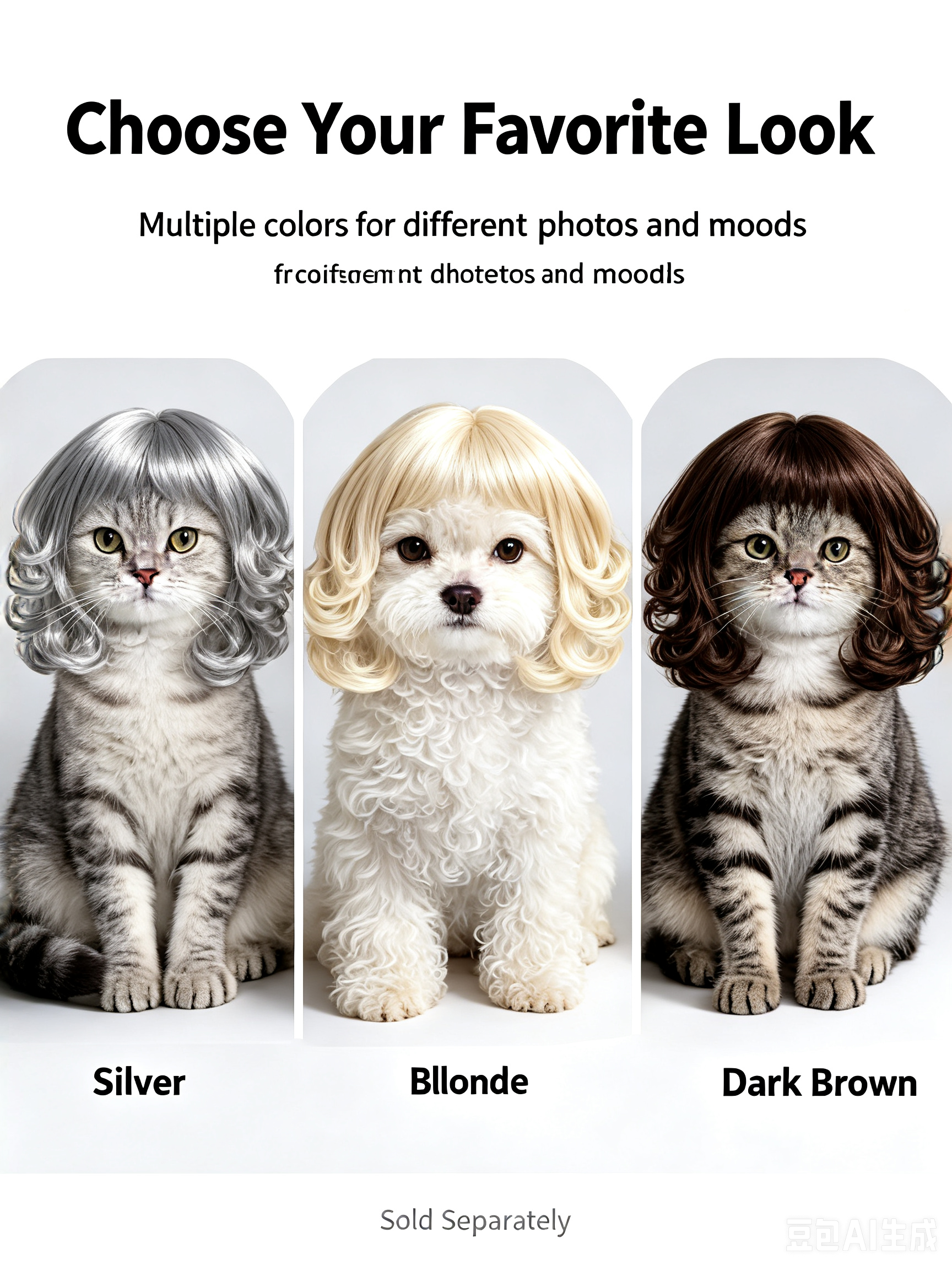 Pet Wig for Dogs & Cats – Cute Curly Bob Costume Wig | 3 Colors | Halloween Party Photo Prop