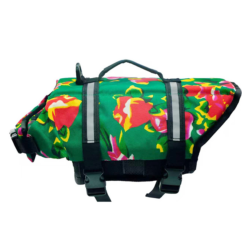 Dog life jacket large green flower pattern – tropical swim vest for dogs