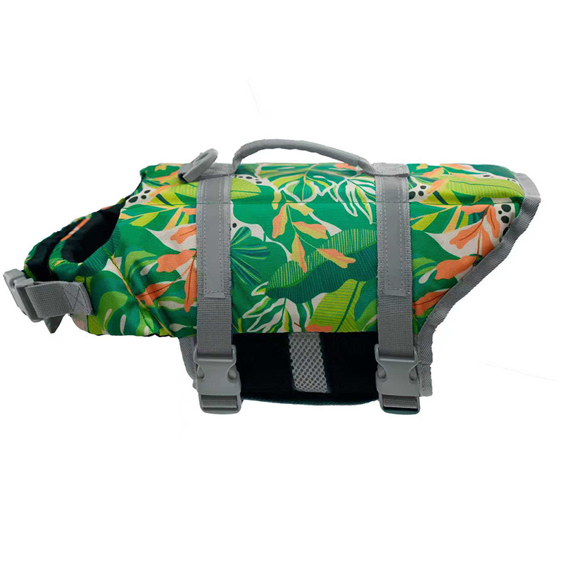 Dog life jacket green leaves tropical pattern – swim vest for dogs
