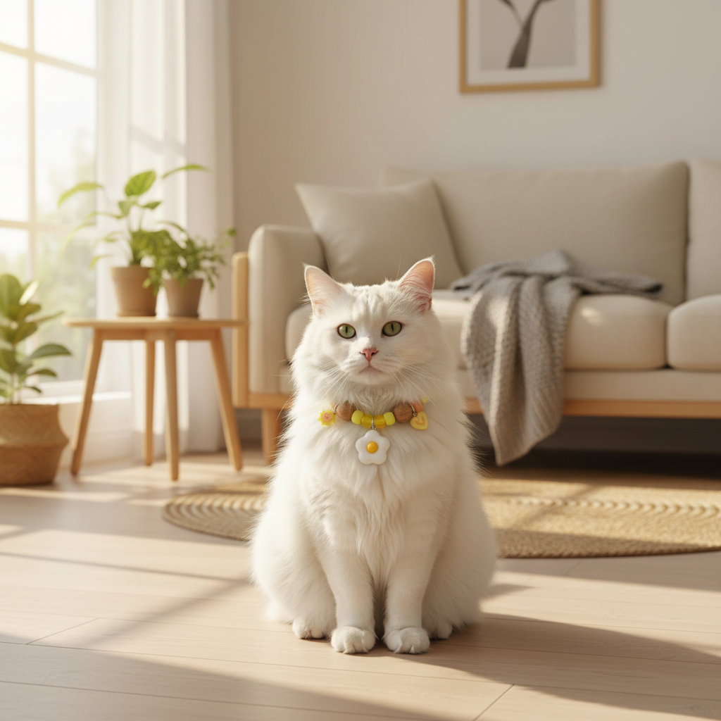 White cat wearing yellow camphor wood flea repellent collar in cozy living room