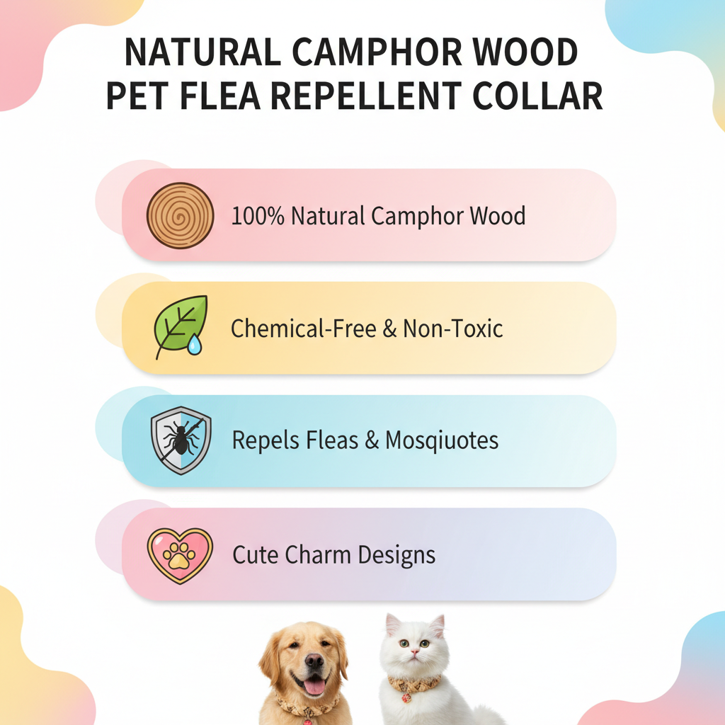 Natural camphor wood pet collar key features infographic