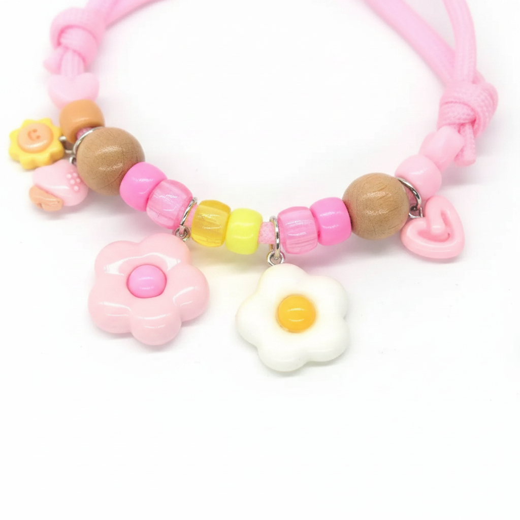Cute flower heart and fried egg charm pendants detail on pet collar