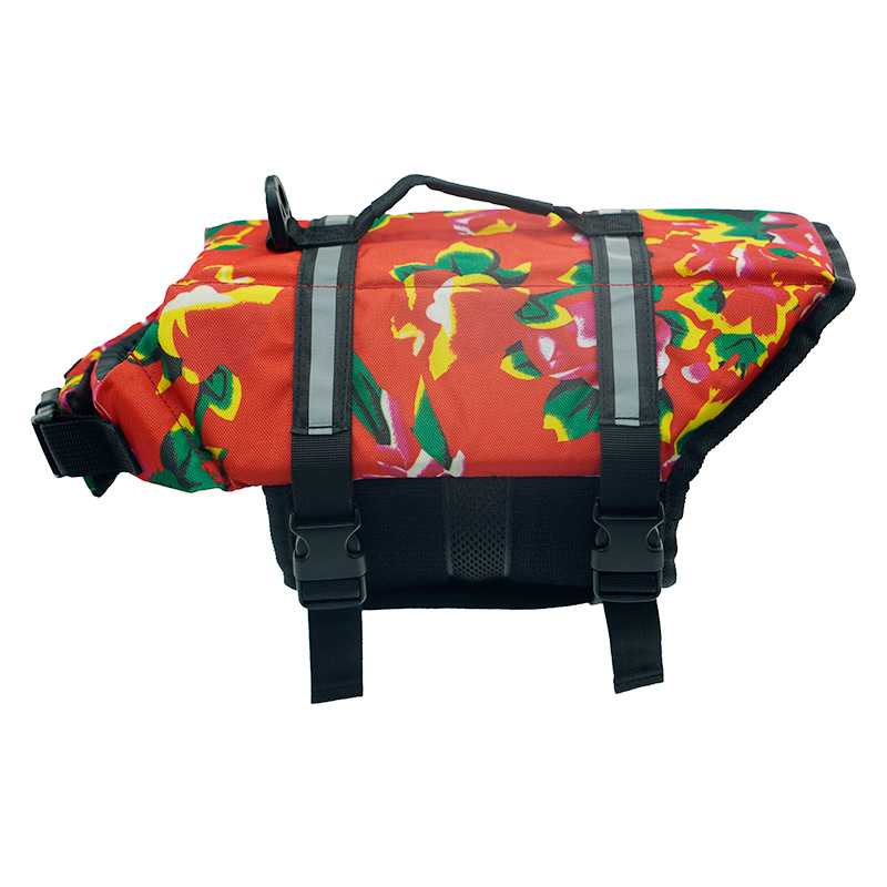 Dog life jacket big red flower pattern – colorful swim vest for dogs