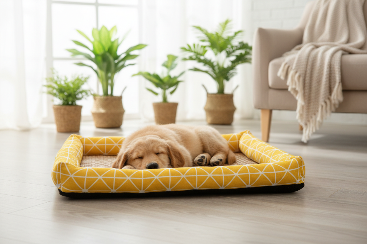 Golden retriever puppy lying on pet cooling mat in cozy living room