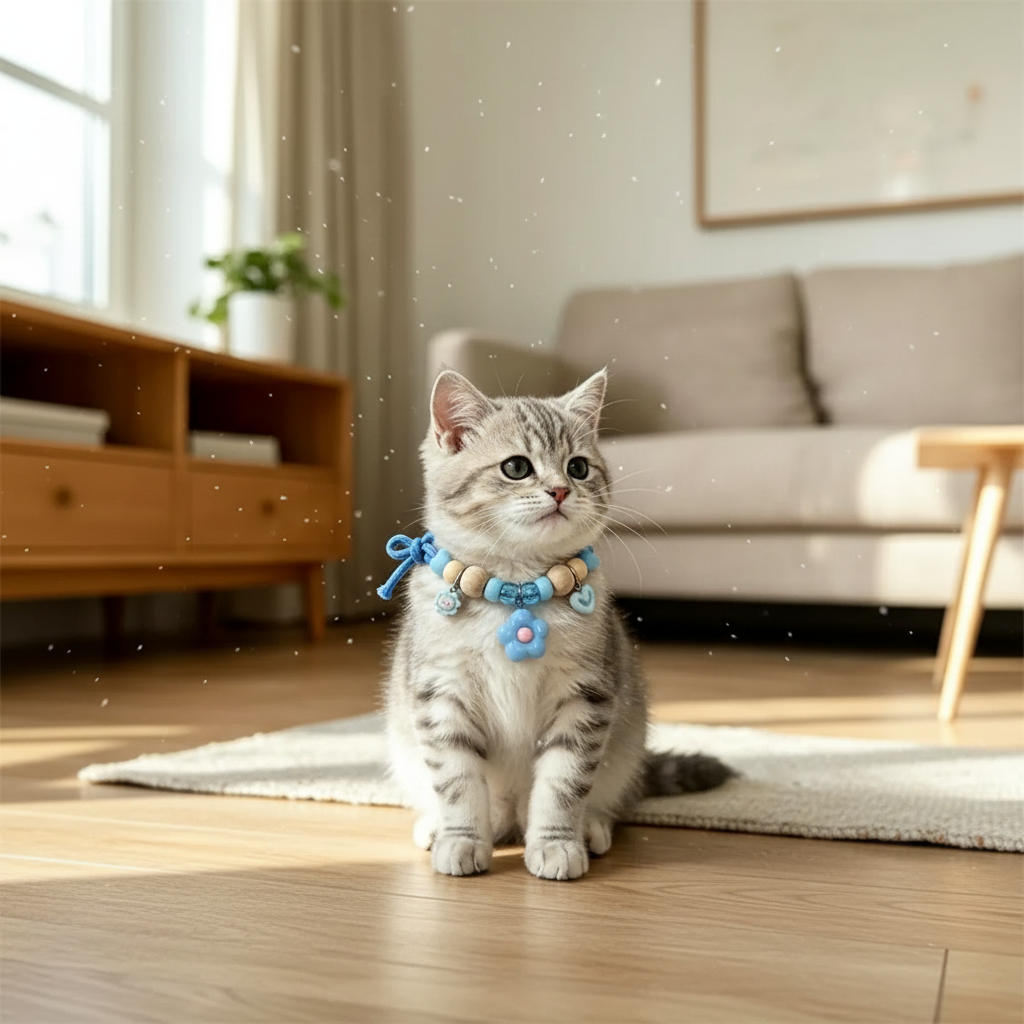 Cat wearing blue camphor wood flea repellent collar in cozy home