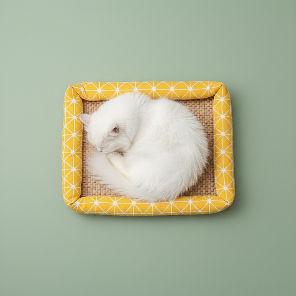 White cat on pet cooling mat Morandi style lifestyle photo