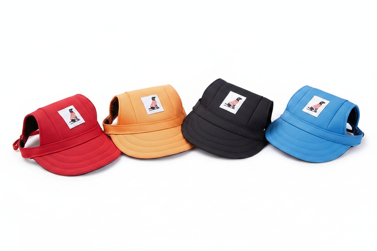 Four dog baseball caps color variants row