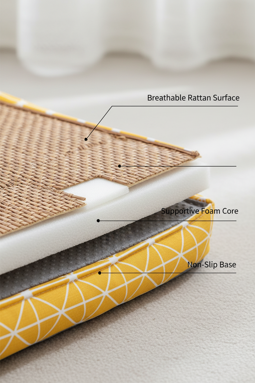 3-layer structure detail: breathable rattan, foam core, non-slip base