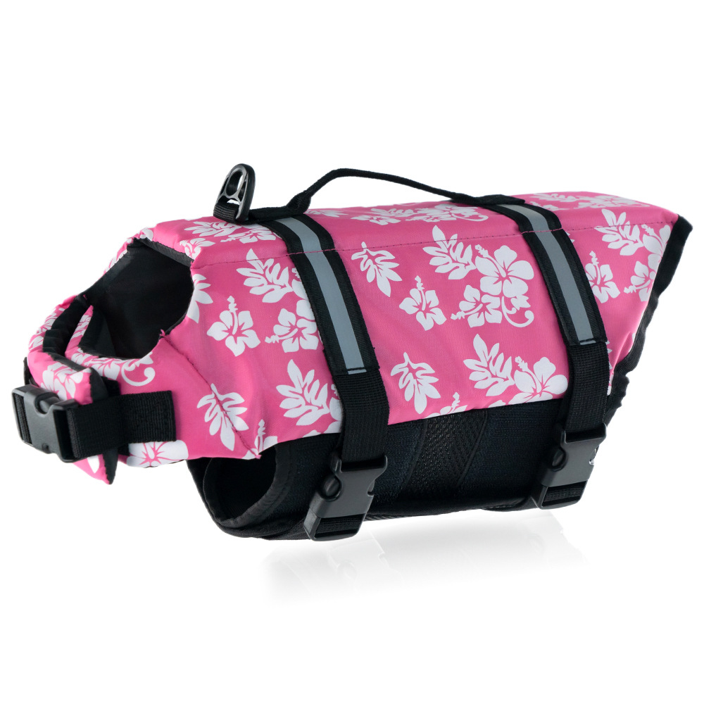 Dog life jacket pink floral Hawaiian pattern – swim vest for dogs