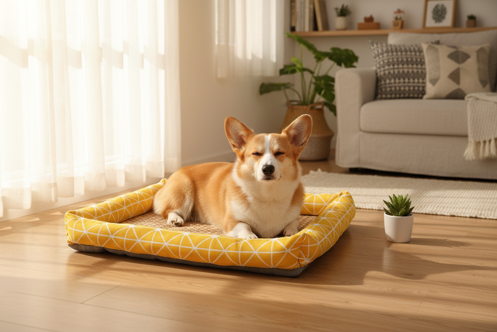 Corgi dog resting on pet cooling mat bed in sunny home