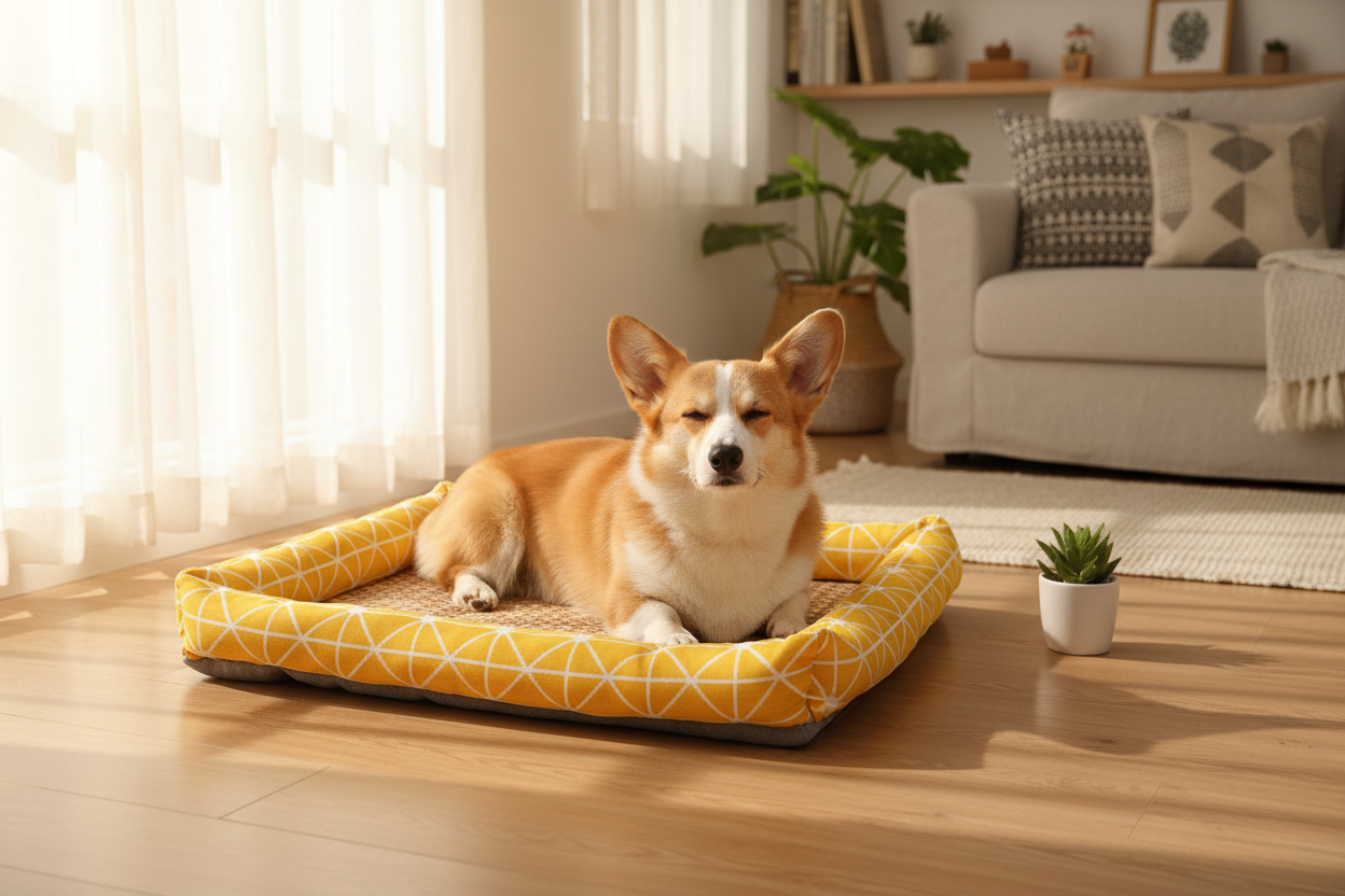Corgi dog resting on pet cooling mat bed in sunny home