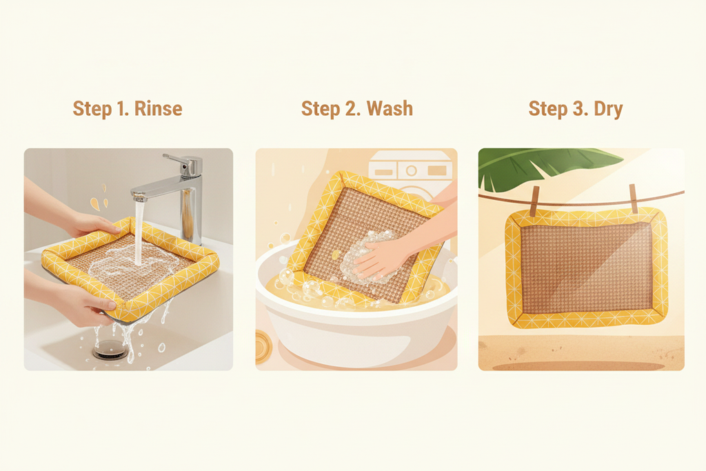 3-step washing guide: rinse, wash, air dry
