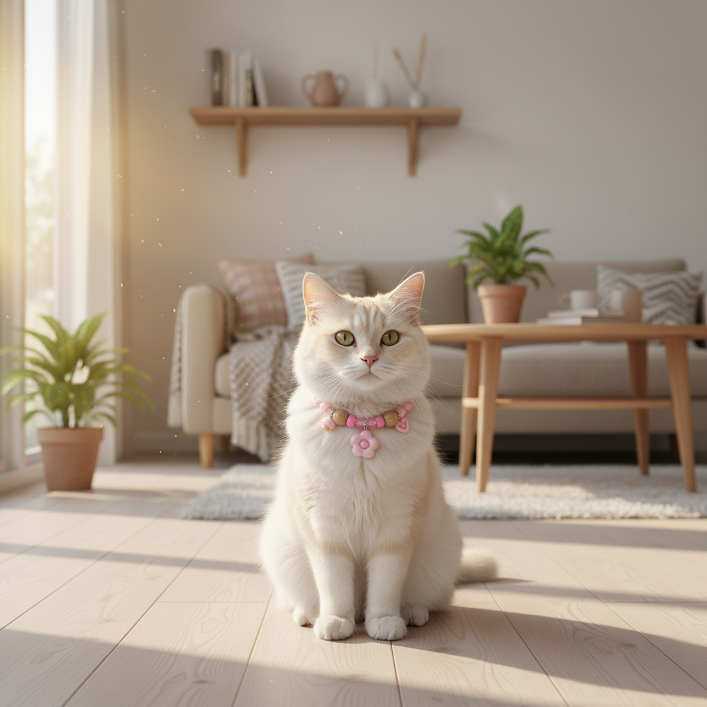 Cat wearing pink camphor wood flea repellent collar in Scandinavian living room